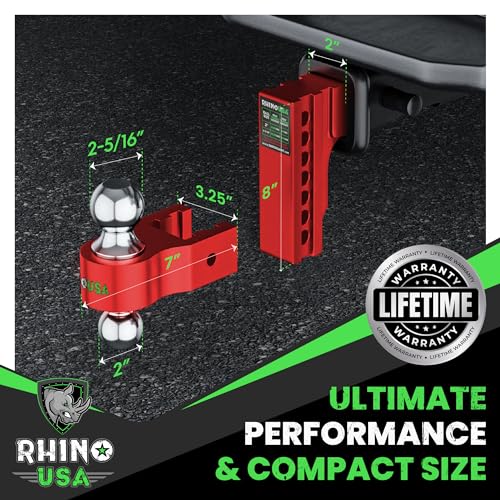 Image of Rhino USA Adjustable Trailer Hitch (Fits 2-Inch Receiver) - Heavy Duty Aluminum Tow Hitches with 6-Inch Drop /Rise for Truck (12,500 LBS GTW) - Weatherproof Double Anti-Theft Locking Hitch Pins (Red)
