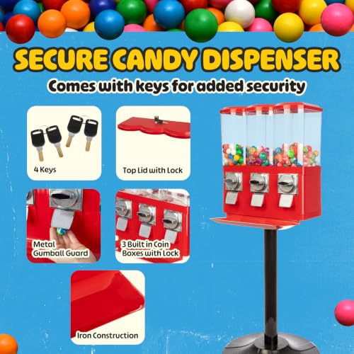 Image of Great Northern Popcorn 3 Compartment Gumball Machine, Red | Triple Vending Machine Candy Dispenser for Bubble Gum Balls, Capsules, or Candy for Business or Home