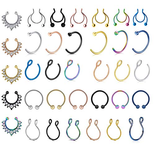 SOVSEFD 18 PCS 20 Gauge Fake Septum Nose Rings Hoop Non Piercing 316L Stainless Steel Clip On Faux Lip Ear Nose Hoop Ring Studs Earrings Fake Body Piercings for Women Men Girl Piercing (6/8/10MM #1)