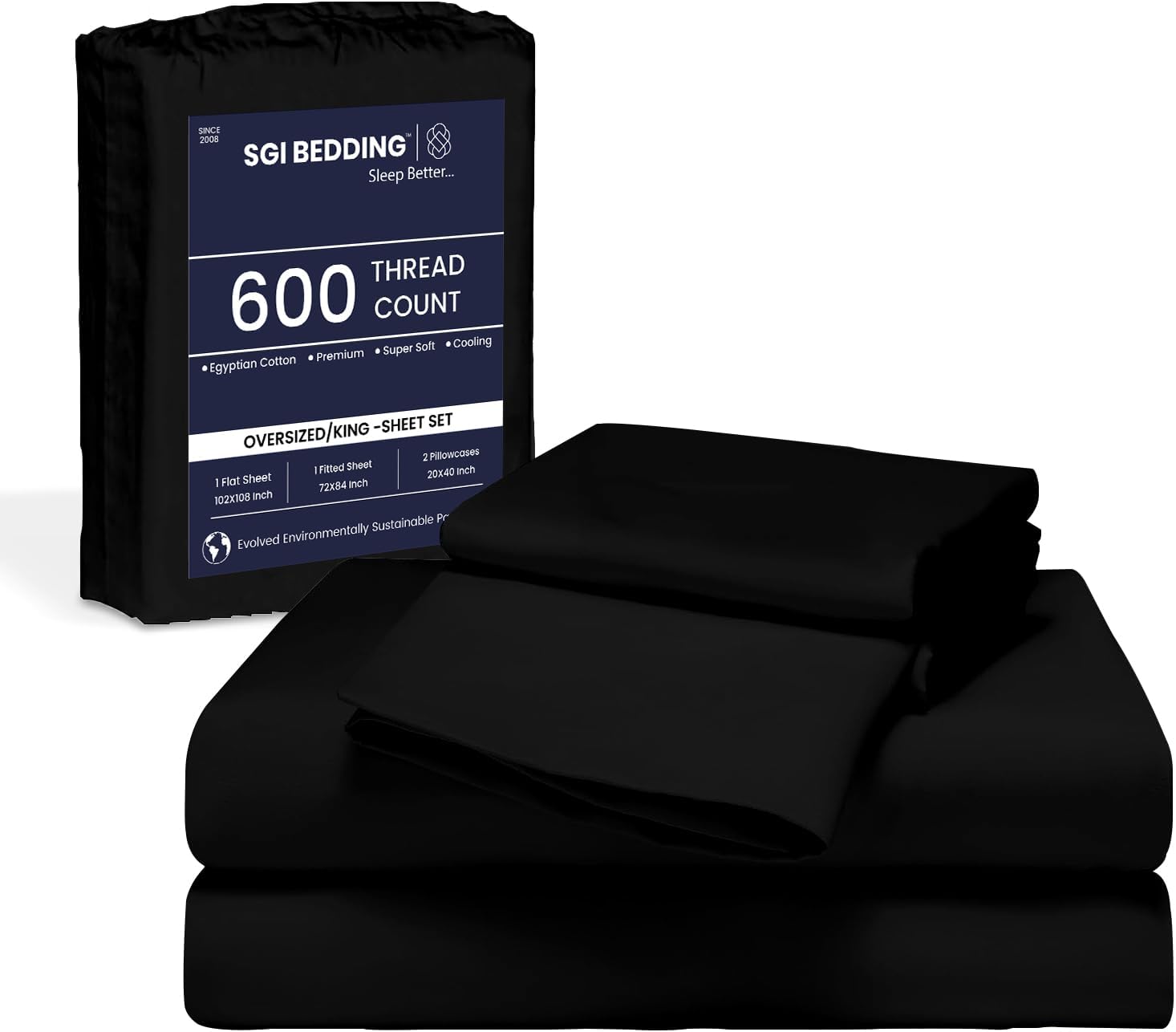 SGI Bedding 120" W x 80" L 4Pc Family King Sheet Set 100% Egyptian Cotton - 600 Thread Count, Fits 12" Deep Pocket - Soft Breathable Oversized Sheets, for Extra Large Beds - Black