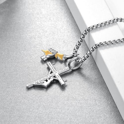 925 Sterling Silver Lineman Cross Necklace for Men, Unique Lineman Gifts, Electrician Jewelry, Faith Pendant Necklace, Cool Accessories for Men3