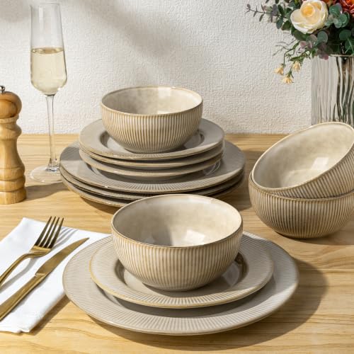 Image of GBHOME Ceramic Dinnerware Sets,12 pcs Embossed Elegant Stoneware Plates and Bowls Sets, Housewarming Wedding Gift | Dishwasher & Microwave Safe | Dishes Set Service for 4