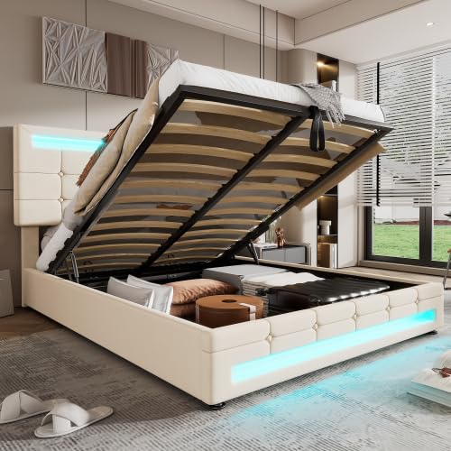 Merax Upholstered Double Ottoman Bed with Storage, 4ft6 Double Bed Frame, 7colors LED-Light Strips, Hydraulic Storage Function, Beige+Velvet(No Mattress)/135x190 cm — image 1