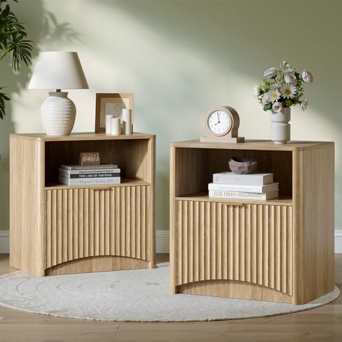 Evermagin Fluted Nightstand Set of 2, Natural Oak Bedside Table with Drawer and Storage, Wood End Table Mid Century Modern, Large Night Stand for Bedroom