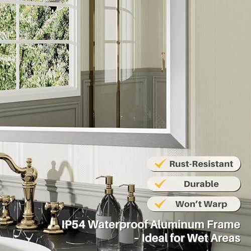 60x40 Inch Silver Bathroom Mirror for Wall, Thick Metal Framed Rectangle Mirrors for Over Sink, Bedroom, Living Room, Entryway, Anti-Rust, HD Tempered Glass