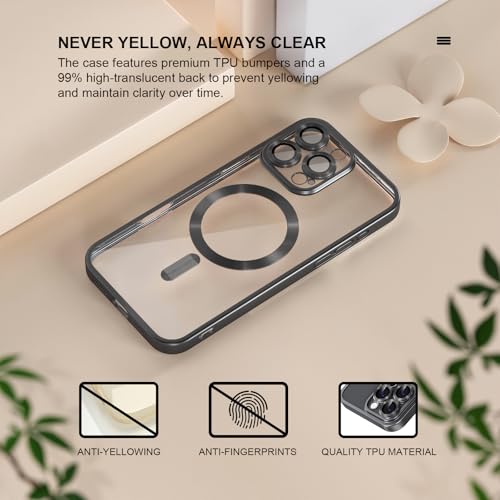 Image of Misea Magnetic for iPhone 16 Pro Max Case Compatible with MagSafe | Never Yellowing, Military Drop Protection, Full Camera Lens Protector Plating Soft Clear Phone Case for Women, Titanium Black