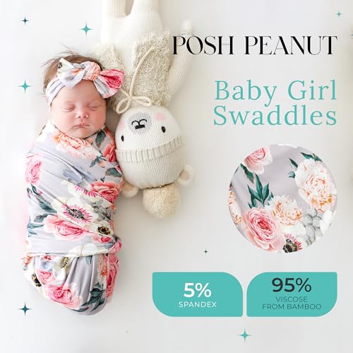 Image of Posh Peanut Swaddle Blanket & Headband Set - Viscose from Bamboo Stretchy Baby Swaddle for Newborn Girls, Receiving Blanket or Nursing Cover