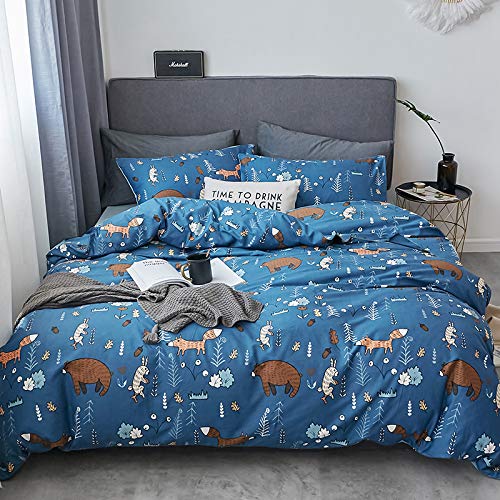 Jumeey Twin Duvet Cover Set - Blue Bear Woodland Animal Pattern, Includes 1 Cover & 2 Shams