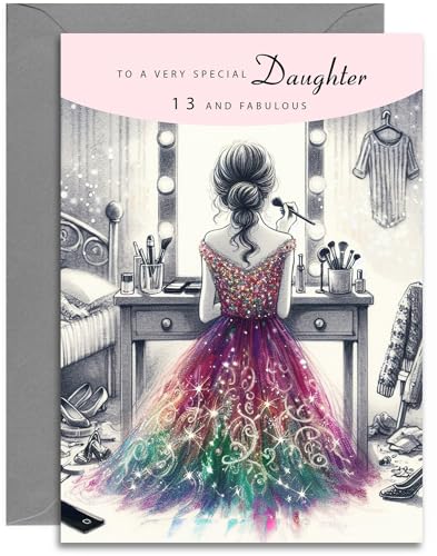 Daughter 13th Birthday Card - Elegant Birthday Card for a Special Daughter Age 13 with lovely verse inside. A5 with Grey Envelope