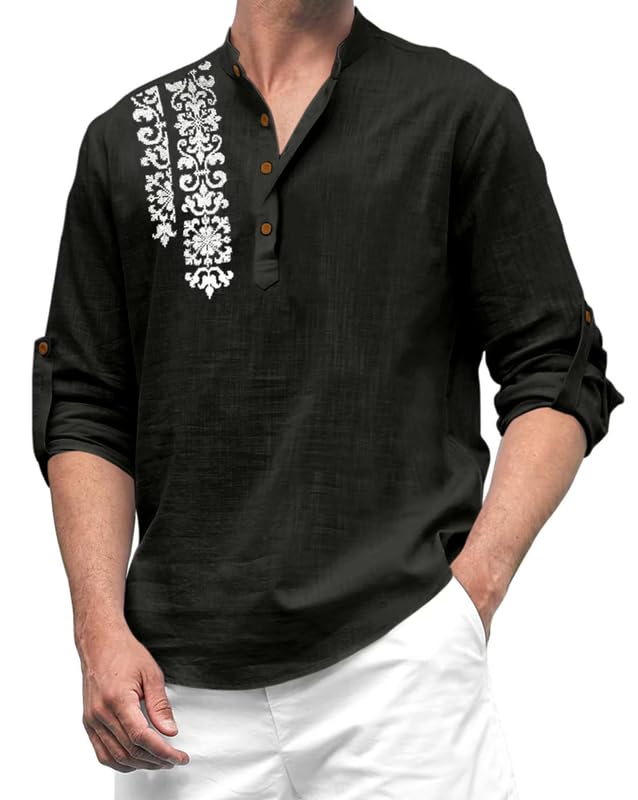 Image of FINIVO FASHION Men's Cotton Blend Short Kurta Shirt | Casual Ethnic Wear with Roll-Up Sleeves & Mandarin Collar | Comfortable Fit Tunic for Festive, & Summer Outings