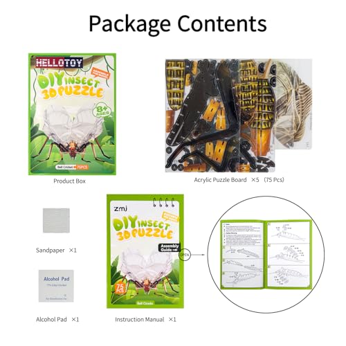 HELLOTOY 3D Acrylic Insects Puzzles DIY Bug Model Kit for Teenagers Educational Display Nature Decoration Figurine Sculpture (Bell Cricket) — view 6