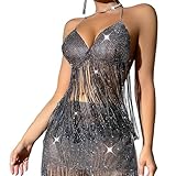 Women Sexy Mesh Rhinestone Crop Top Sparkly Glitter Halter Fishnet Tank Top See Through Cover Up Tassel Shirt Clubwear Silver