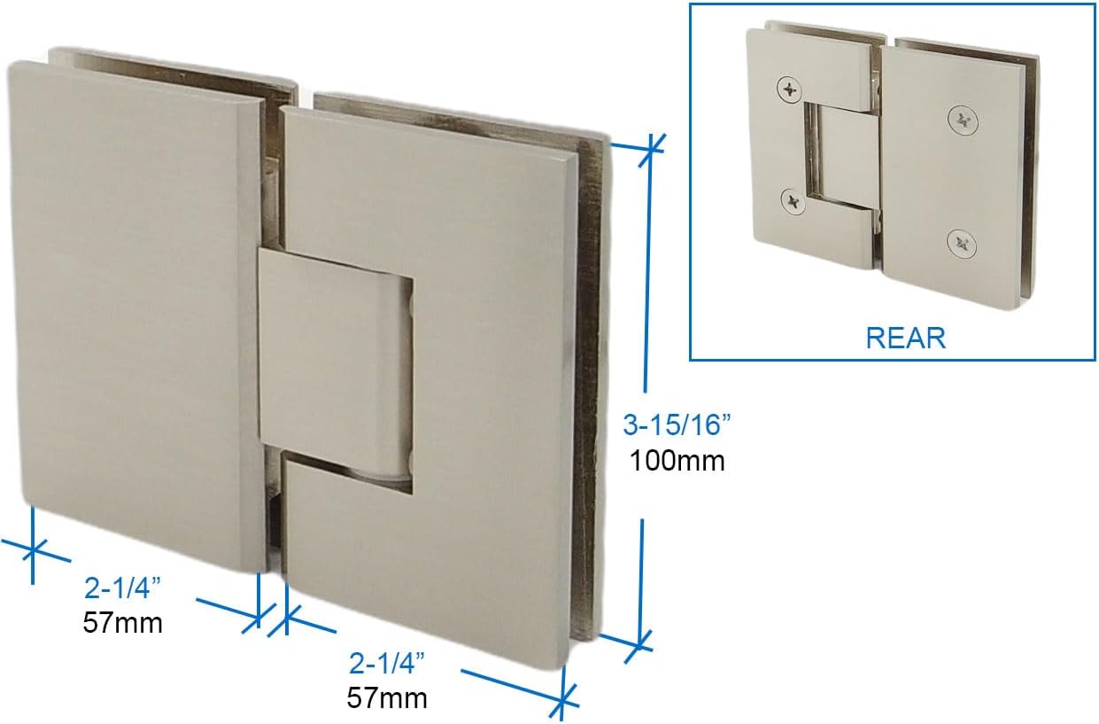 SHS Sapphire Series 180 Degree Glass-to-Glass SPH180S Frameless Shower Door Hinge Includes Replacement Parts. Solid Brass. Heavy Duty with Square Corners. (Brushed Nickel)