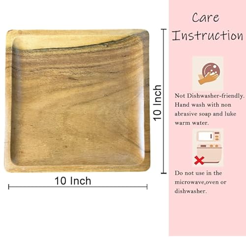 Lavaux Designs Set Of 4 Acacia Wood Plates, Square Wooden Plates For Lunch And Dinner | 10X10 Inches | Large Serve Size | Shaterproof & Jointless | Food Grade Coating (4) #TOP2