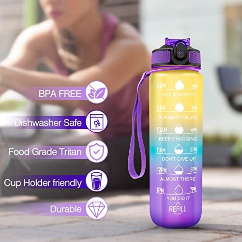 Sport Water Bottle 1L, Motivational Water Bottle with Straw & Time Maker, BPA Free, Leakproof & Secure Locking Lid, Tritan Plastic Drink Bottle for School/Cycling/Running/Gym (Yellow blue purple)