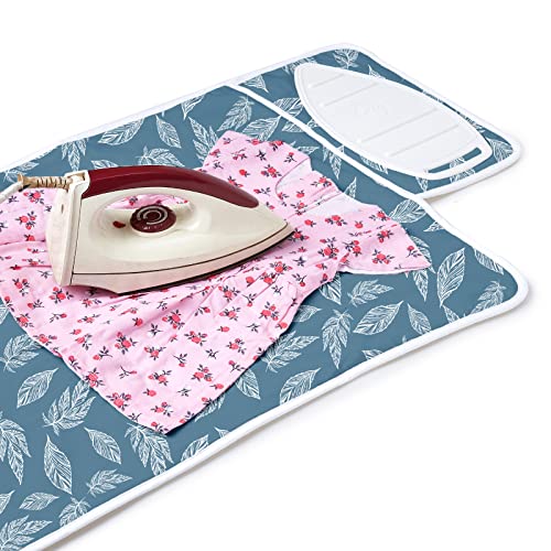 Image of Encasa Homes Ironing Mat /Pad (Small 28 inchx20 inch) with 3mm Padding & Silicone Iron Rest for Steam Pressing on Tabletop or Bed - Heat Resistant, Portable, Quilting & Travel Blanket - Big Leaves Blue