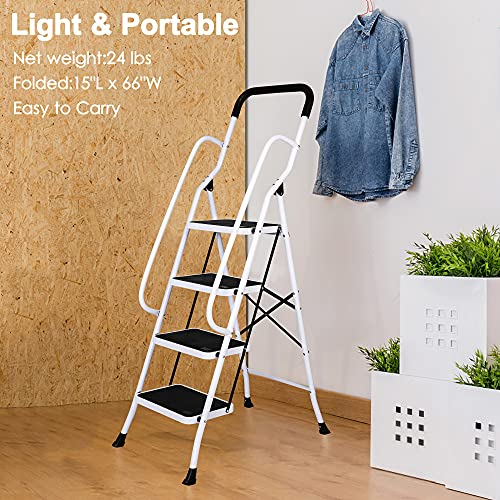 Dporticus Anti-Slip Portable 4 Step Ladder With Wide Pedal And Sturdy Handrails Folding Safty Steel Step Stool Multi-Use For Household Market Office,330Lbs Capacity #TOP3