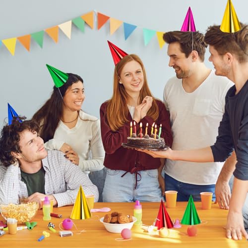 Okllen 120 Pieces Cone Party Hats, Multicolor Birthday Party Hat, Metallic Foil Neon Paper Hat With Elastic String for Kids Adults