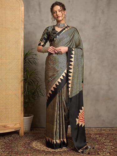 Image of AKHILAM Women's Pure Crepe Striped Printed Saree With Unstitched Blouse Piece