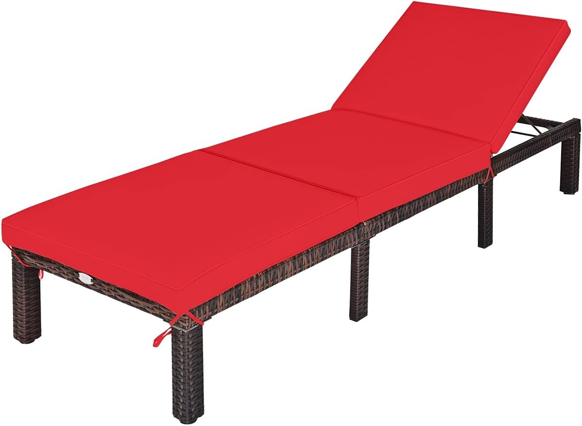 Patio Wicker Chaise Lounge Chair, Adjustable Lounger Recliner Chair with 6 Positions, Rattan Reclining Chair Sunbed with Zippered Thick Cushion for Garden Yard Patio Poolside (Red)