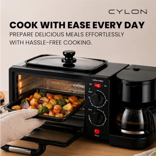 Image of CYLON OvenPrime 3-in-1 Breakfast Maker | 10L Oven Toaster Griller with Coffee Maker & Non-Stick Frying Pan | Adjustable Temperature & Timer | Bake, Grill, Toast & Brew | Black