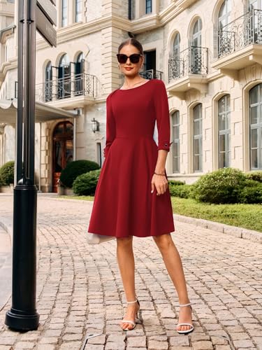 Image of GRACE KARIN Work Dresses for Women 2025 3 /4 Sleeve Fit and Flare Business Midi Dress Classy Office Dresses with Pockets