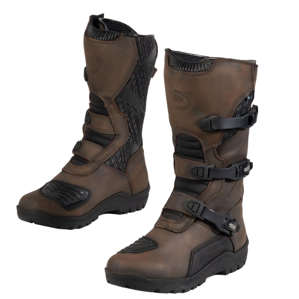 KRUGER EVO Bottes Moto Enduro Homme Certifiées CE Norme EN 13634 Cuir de Vachette Protections Malléoles et Tibias 3 Boucles Aluminium Inserts Rétro-Réfléchissants Semelle Crantée