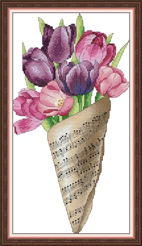 Image of CaptainCrafts Cross Stitch Kits for Adults Counted Needlework Home Decor | Unprinted 14CT Fabrics, Note Bouquet Tulip Flower cross stitch, DIY Hand-Embroidery: Cross-Stitch, Craft Gifts