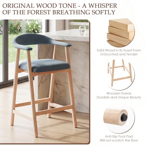 Image of 26 inch Bar Stools Set of 2, Upholstered Counter Stools, Modern Linen Counter Height Bar Chairs with Backs and Arms, Wood Legs and Footrest, for Kitchen Counter, Island, Dining Room, Blue
