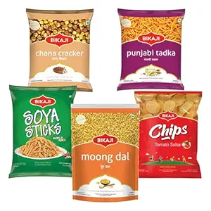 Bikaji Snacks Combo – Moong Dal & PUNJABI TADKA & BIKAJI POTATO CHIPS TOMATO SALSA & ROASTED CHANA CRACKER & SOYA STICKS | 5 Pack Variety | Bar Snacks, Party Mix & Tea-Time Treats – 880g