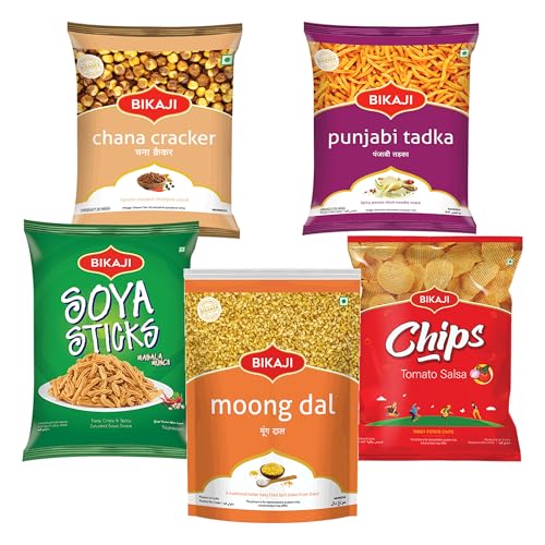 Bikaji Snacks Combo – Moong Dal & PUNJABI TADKA & BIKAJI POTATO CHIPS TOMATO SALSA & ROASTED CHANA CRACKER & SOYA STICKS | 5 Pack Variety | Bar Snacks, Party Mix & Tea-Time Treats – 880g