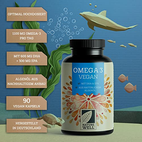 Omega-3 Vegan 90 Kapseln hochdosiert, 2000mg Omega-3 Algenöl pro Tag mit 600mg DHA & 300mg EPA, veganes Omega aus nachhaltigem Anbau als Fischöl-Alternative, laborgeprüft mit Zertifikat, NatureWell 2