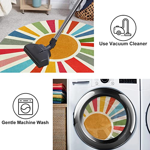 Staruia Retro Sun Round Rug For Bedroom,4 Ft Boho Washable Rug For Nursery Room,Circle Kids Rug Non-Slip Play Mat For Playroom,Soft Indoor Carpet For Entryway Dorm #TOP3