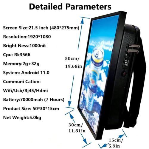 Image of Digital Backpack Display,1920 * 1080 Resolution Ratio 1000 Nits Brightness,IPS Panel,178 Wide Viewing Angle,Remote Control,Android Os11.0,Wifi /USB /Rj45 /HDMI Input,for Marketing 21.5in