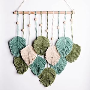 SnugLife Macrame Wall Hanging Leaves – Large Chic Feather Boho Decor, Handmade Yarn Woven Art Leaf Tapestry for Nursery, Bedroom, Living Room, 17 X 22 Inch (Green, Sage Green & Beige)