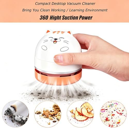 Image of Mini Desktop Vacuum Cleaner, Portable USB Vacuum Cleaner for Desk Mini Cute Cartoon Desktop Vacuum for Cleaning Eraser Crumbs, Dust, Crumbs, Piano, Hairs, Computer, Keyboard and Car (White Orange)
