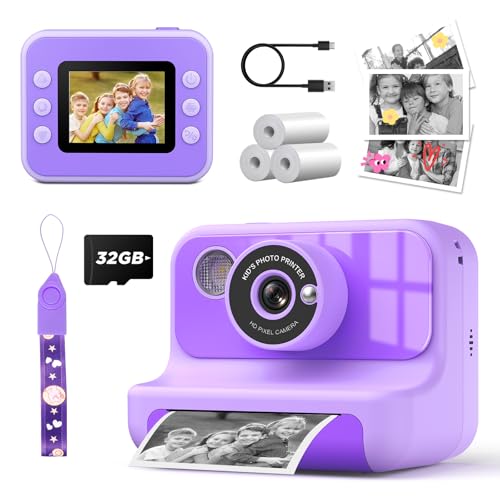 Instant Print Camera for Kids, 1080P Digital Video Cameras, Christmas Birthday Gifts Toys for Age 3-12, Toddler Camera for 4 5 6 7 8 9 10 Year Old Girls - Purple