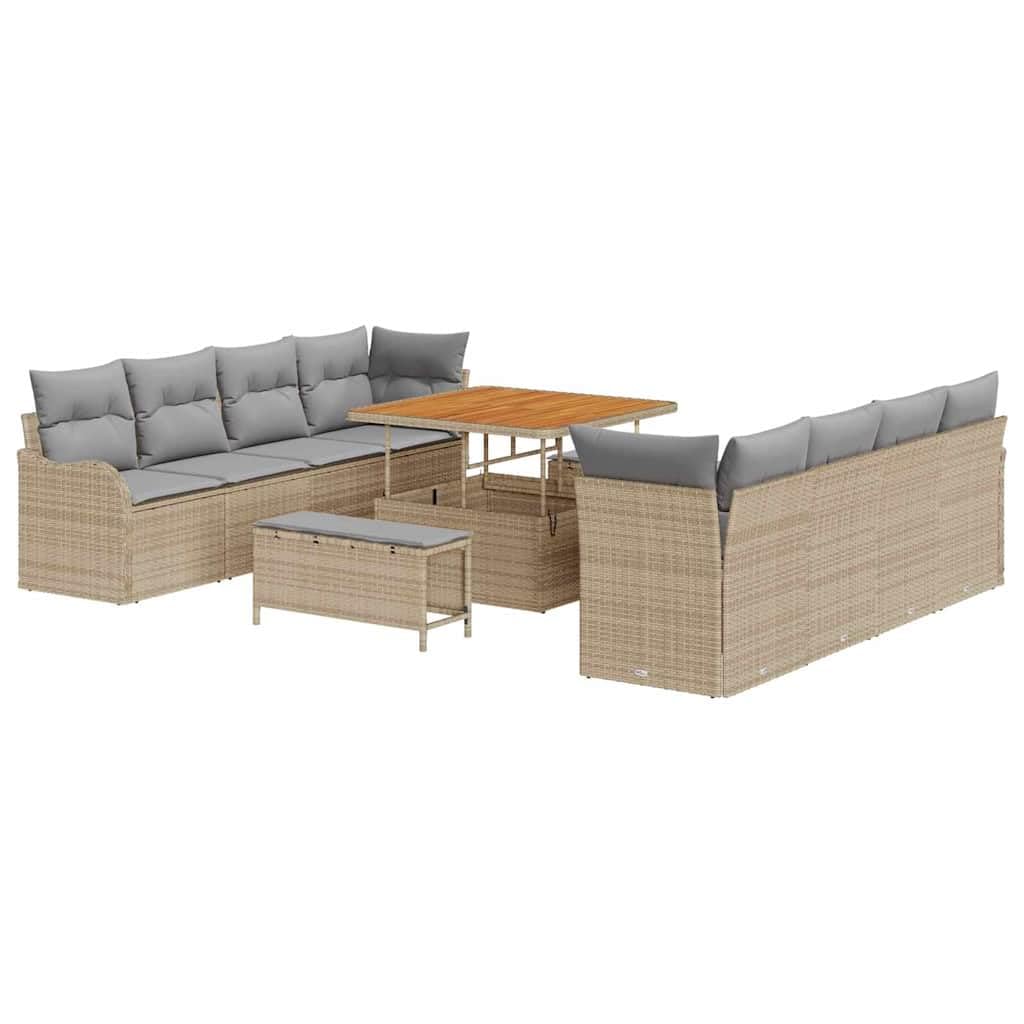 Modułowa sofa ogrodowa z poduszkami, 11-częściowy, beżowy, polirattanowy, stół z regulacją wysokości, na taras i balkon, trwały zestaw mebli outdoorowych