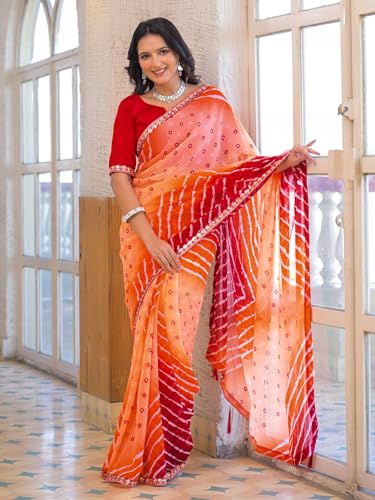 Image of SIRIL Women's Georgette Bandhani Printed Saree With Unstitched Blouse Piece