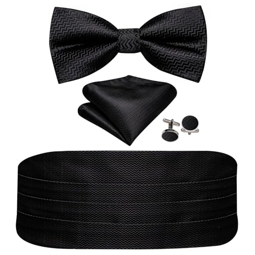 Barry.Wang Black Cummerbund Bow Tie for Men Stripe Silk Pre-Tied Bowtie Pocket Square Cufflinks Set Formal Wedding Party Prom Tuxedo