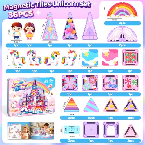 Image of Mini Magnetic Tiles Building Blocks with 4 Unicorn Toys Girls Toys Gifts