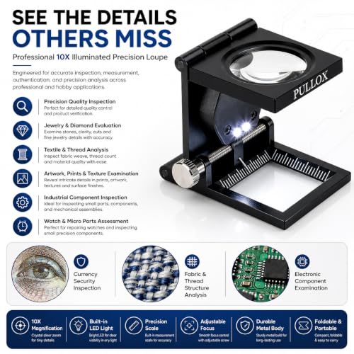 Image of Pullox Foldable Magnifiers 10X Folding Magnifying Loupe Zinc Alloy /LED Lights /Magnifier Lens with /Scale /for Jewelry Tool Repair Collection
