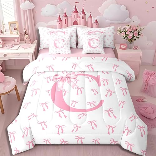 Erosebridal Pink Initial C Princess 7 Piece Comforter Set Kawaii Watercolor Bowknot Bedding Set Romantic Ribbon Letter Bow Bed in a Bag Full Initial A-Z Bow Tie Aesthetic Sheet Set with Comforter