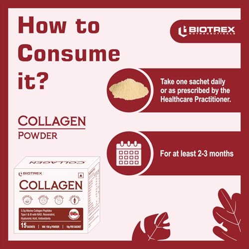 Image of Biotrex Nutraceuticals Collagen Powder Supplement - 15 Sachets For Men & Women, Marine Collagen Powder Supports Healthy Skin, Luscious Hair, Flexible Joints, Shiny Nails, Cranberry Flavour