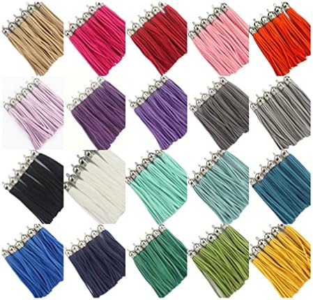 Mixed Color Faux Suede Tassel Leather Charm with CCB Cap for Keychain Cellphone Straps Jewelry Charms (40 Silver Tassel of 3-1/2 inch)