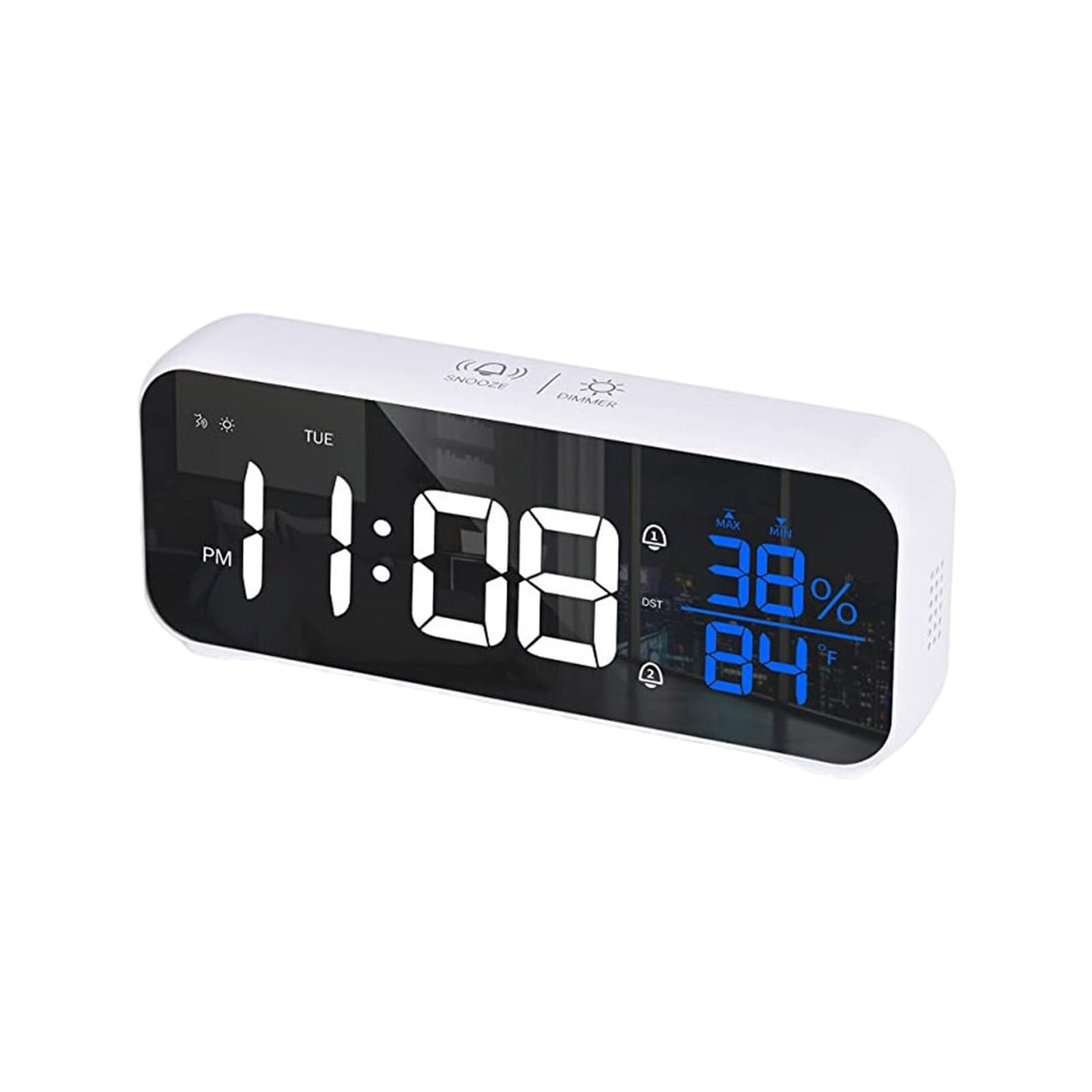 Hsioluted Voice Control LED Music Alarm Clock with 1200mAh Power Supply Temperature Humidity Display Brightness Clock Rechargeable Alarm
