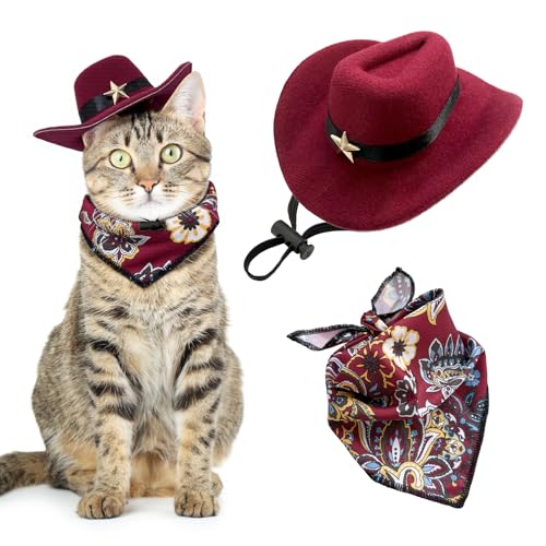SEPTCITY Cat Costume, Adjustable Mini Cowboy Hat and Bandana Set for Cats and Small Dogs Funny Cat Outfit Cosplay Accessories for Halloween Western Theme Parties