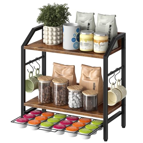 HOOBRO Coffee Station Organiser, Coffee Pod Storage Drawer for Dolce Gusto, 2-Tier Kitchen Rack with 4 Removable Hooks for Kitchen and Office, Rustic Brown and Black EBF11CR01