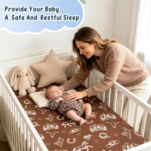 Image of 4 Pack Vintage Western Crib Sheets Set - Fits Standard 52 inchx28 inchx8 inch Crib & Toddler Mattress, Soft Breathable Polyester Baby Nursery Bedding, Retro Cowboy Horse Cactus Print Fitted Sheets for Boys