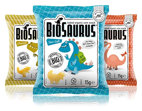 Biosaurus Baked Organic Corn Snack für Kinder - 40x15g (Mix Box) - Gebackener knusprige Bio-Snack aus Mais, Nicht Frittiert | Low Fat, Glutenfrei, BIO, keine Chemie | - 40x15g (Mix Box) Cover